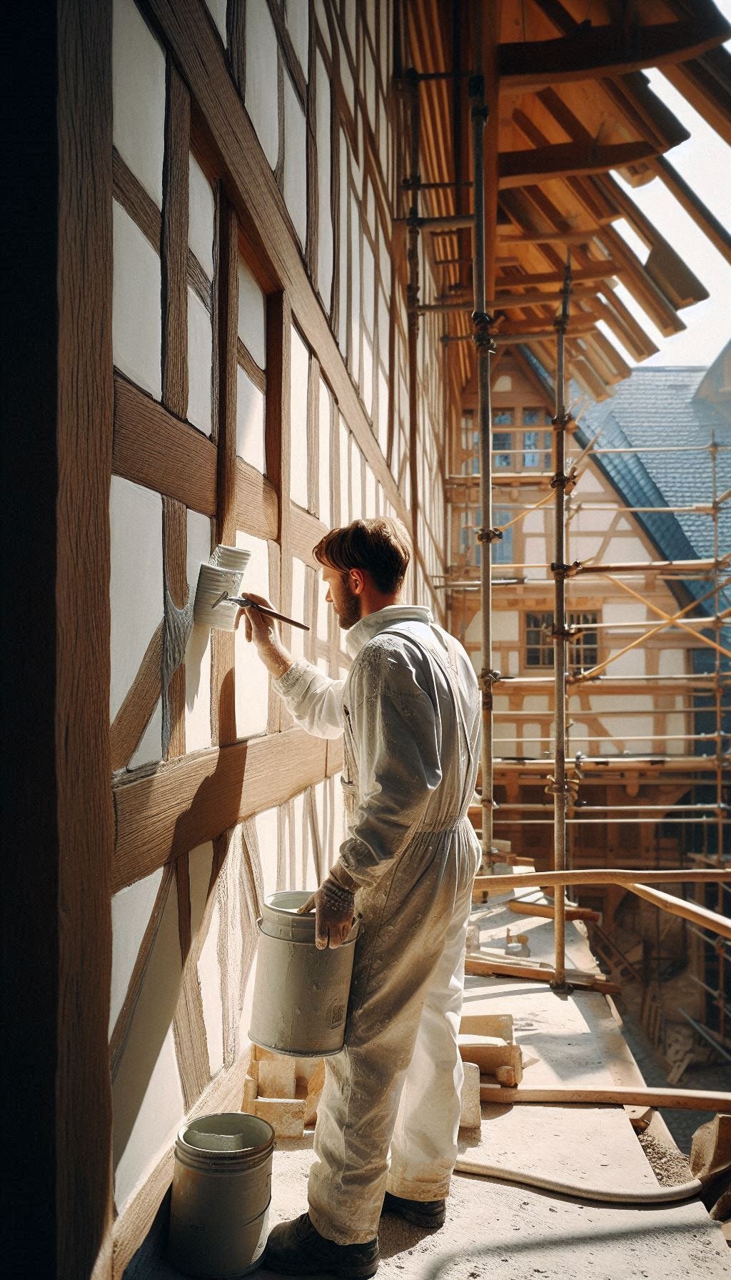 Artisan peintre en train de rénover une façade alsacienne à colombages à Strasbourg